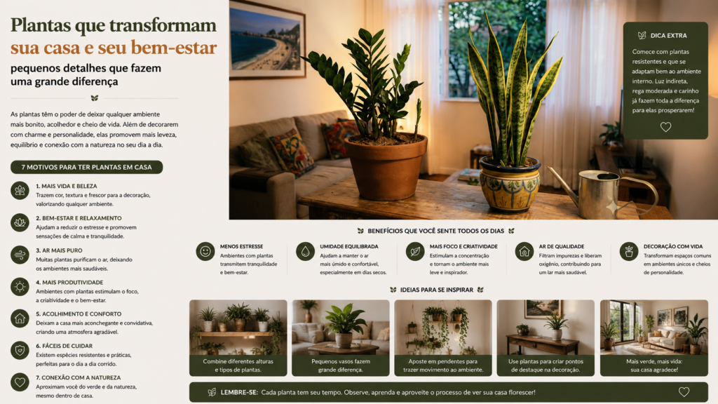 Plantas para apartamento fáceis de cuidar que se adaptam a ambientes internos e ajudam na decoração e bem-estar.