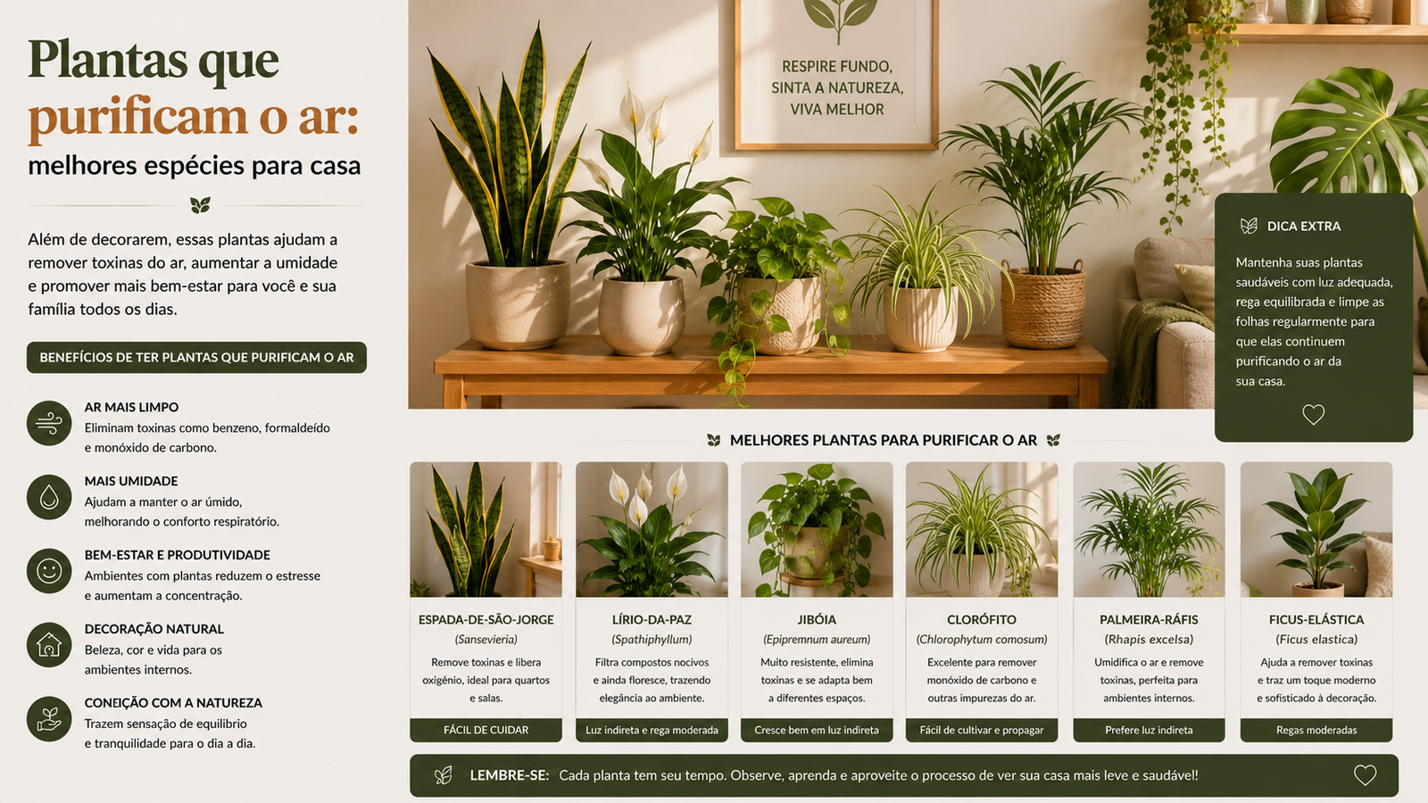 Plantas que purificam o ar e melhoram a qualidade do ambiente interno de forma natural e fácil de manter.