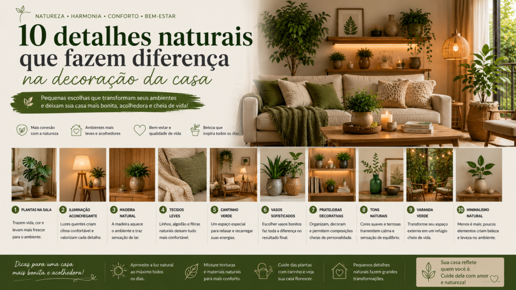 Veja 10 detalhes naturais que transformam a decoração da casa e deixam os ambientes mais leves, sofisticados e acolhedores.