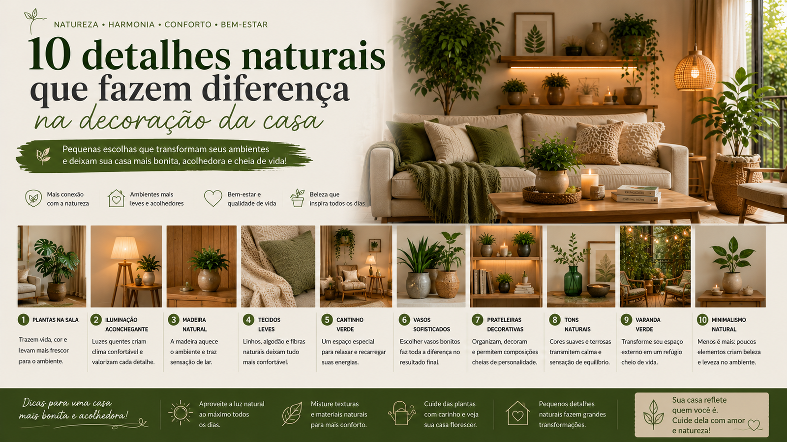 Veja 10 detalhes naturais que transformam a decoração da casa e deixam os ambientes mais leves, sofisticados e acolhedores.