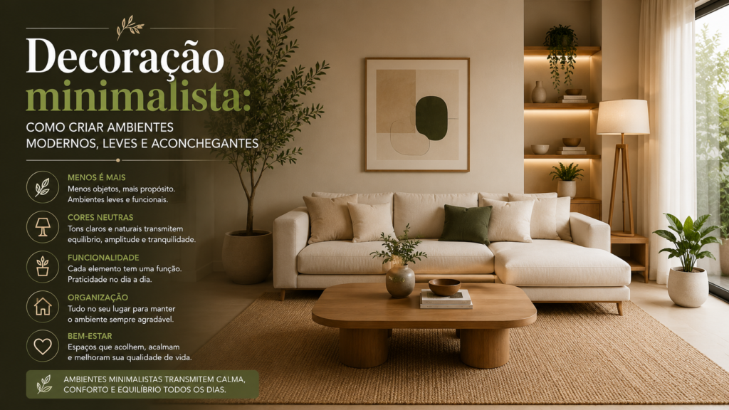 Decoração minimalista com ideias modernas e funcionais para deixar sua casa mais elegante, organizada e confortável.