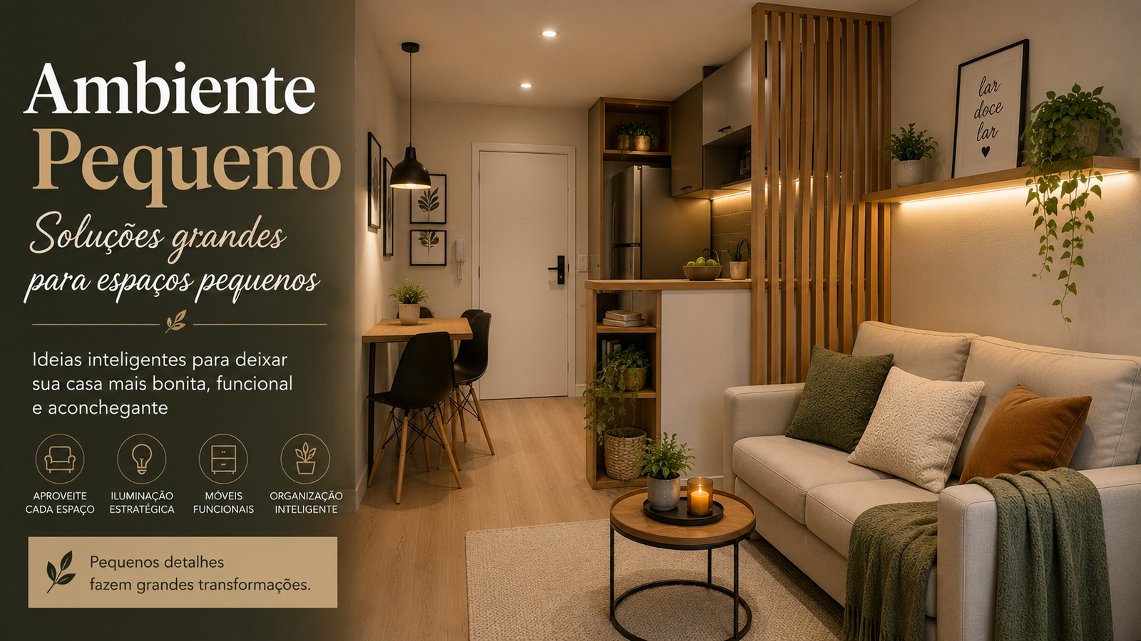 Ambiente pequeno com dicas modernas de decoração, organização e iluminação para ampliar espaços e trazer mais conforto.