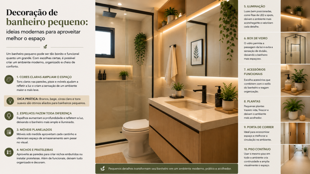 Decoração de banheiro pequeno com ideias modernas, funcionais e aconchegantes para transformar ambientes compactos.