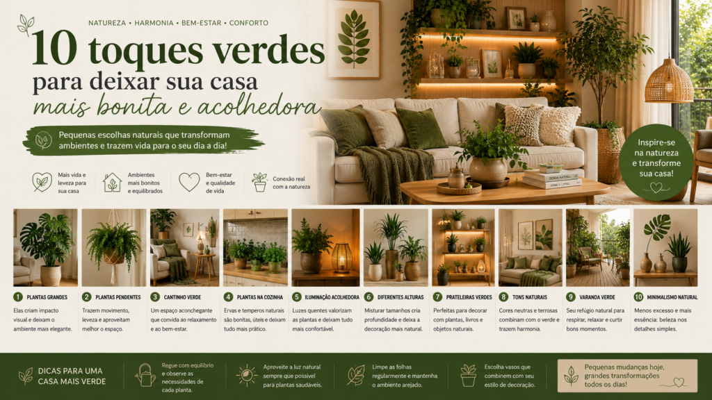 Veja 10 toques verdes simples e elegantes para deixar sua casa mais bonita, confortável e cheia de vida naturalmente.