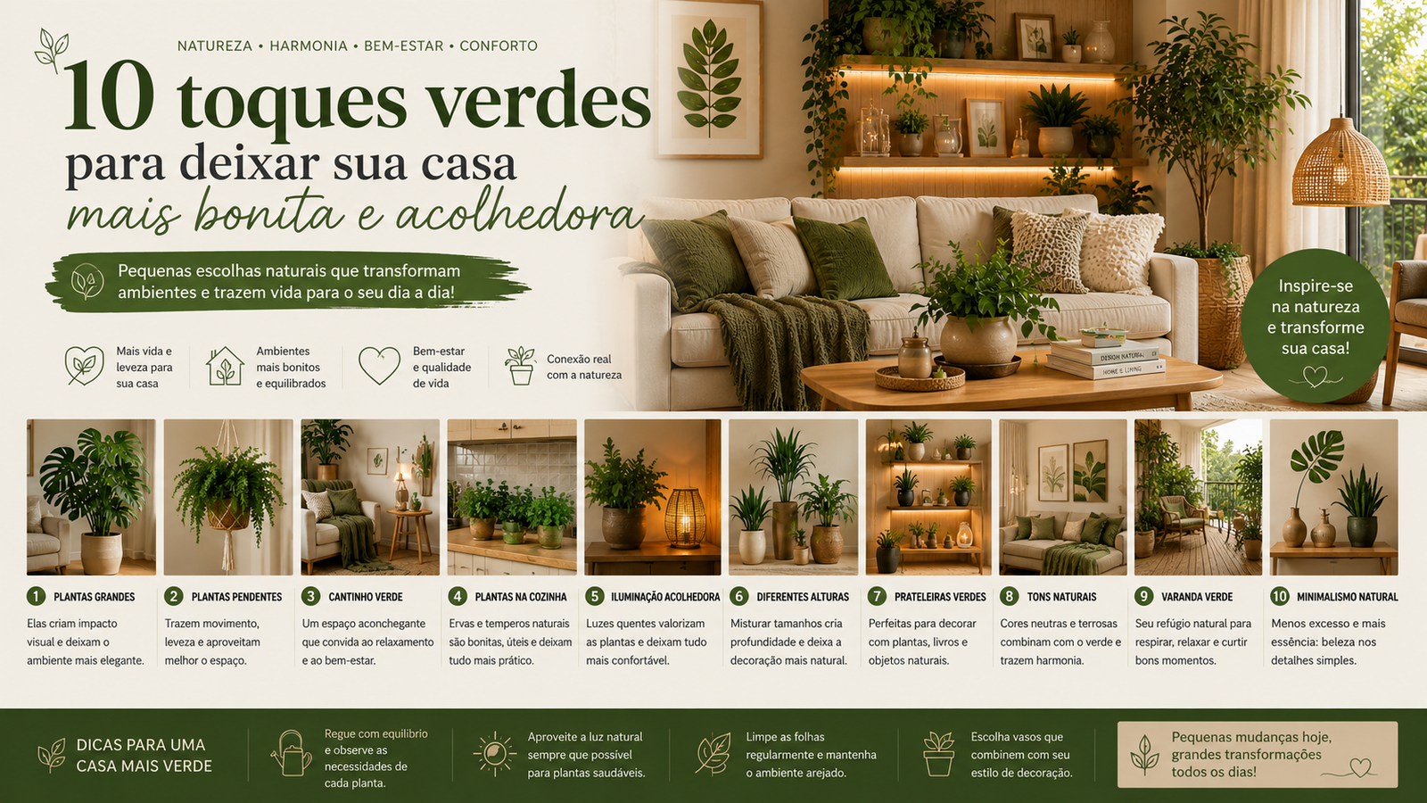 Veja 10 toques verdes simples e elegantes para deixar sua casa mais bonita, confortável e cheia de vida naturalmente.