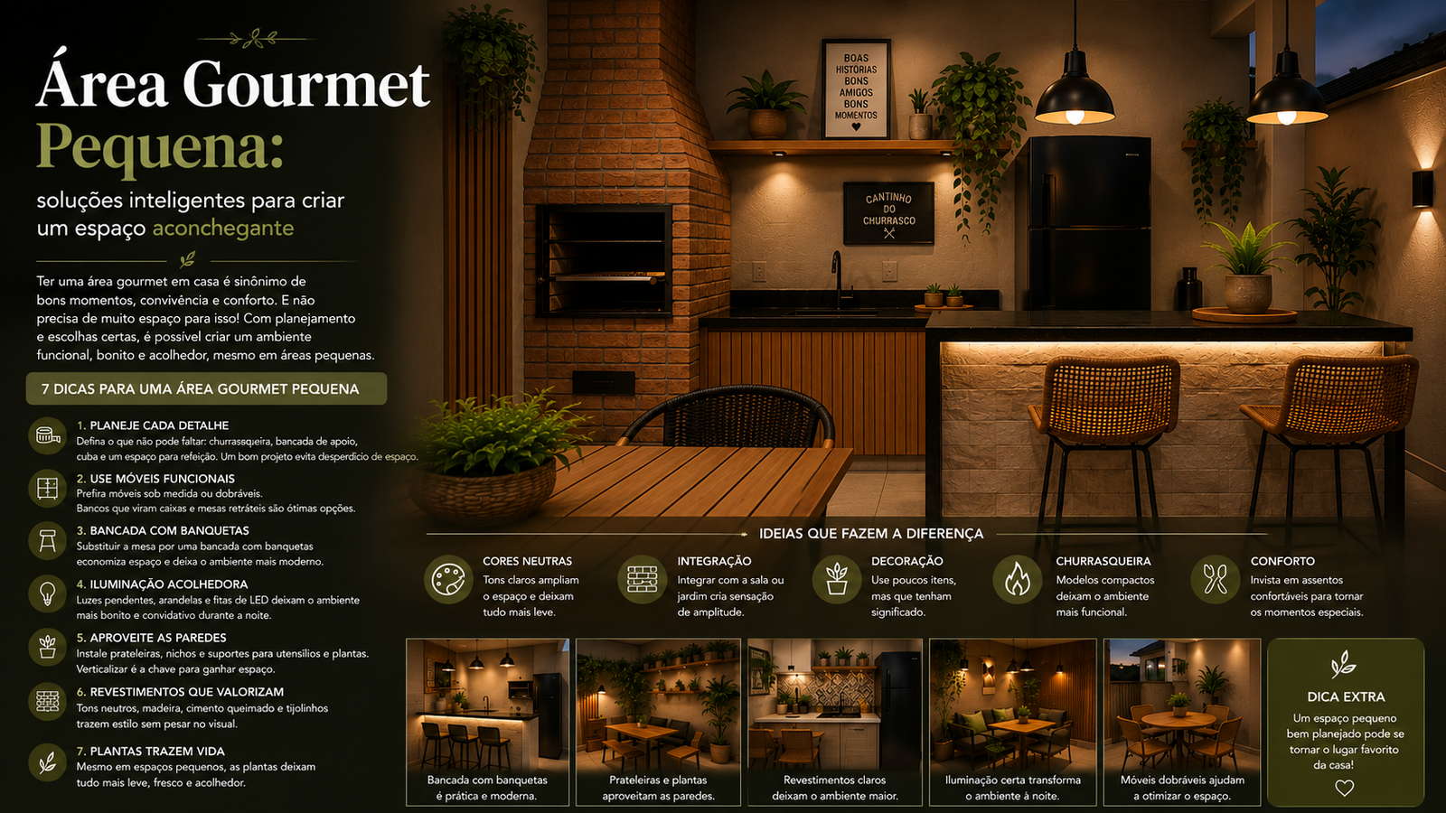 Área gourmet pequena com ideias modernas, funcionais e aconchegantes para aproveitar melhor cada espaço da casa.