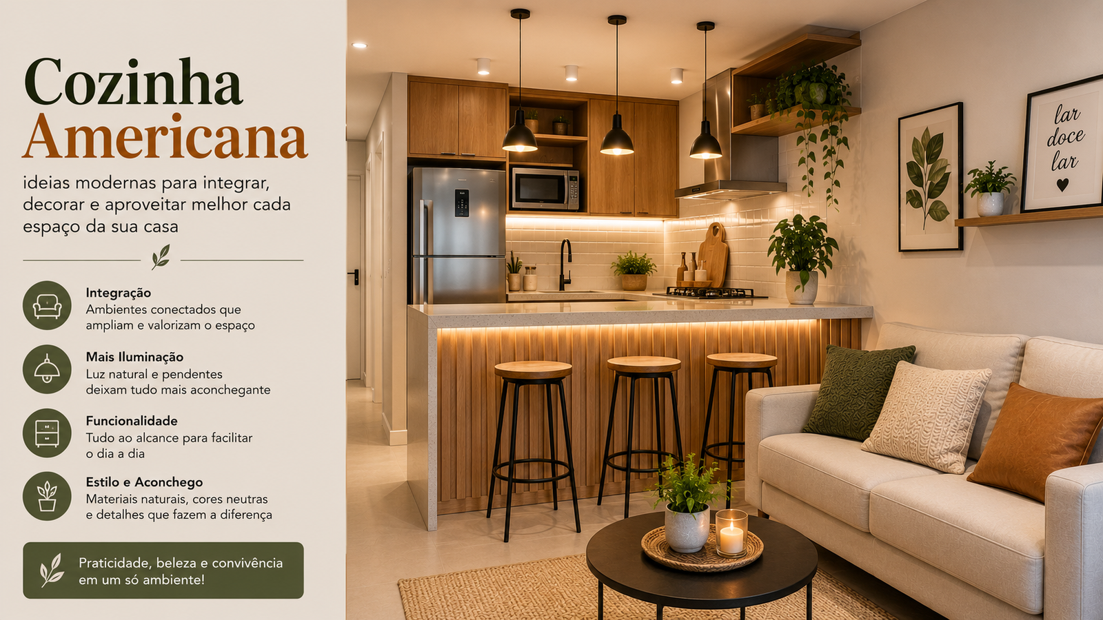 Cozinha americana com ideias modernas, práticas e aconchegantes para integrar ambientes pequenos com muito estilo.