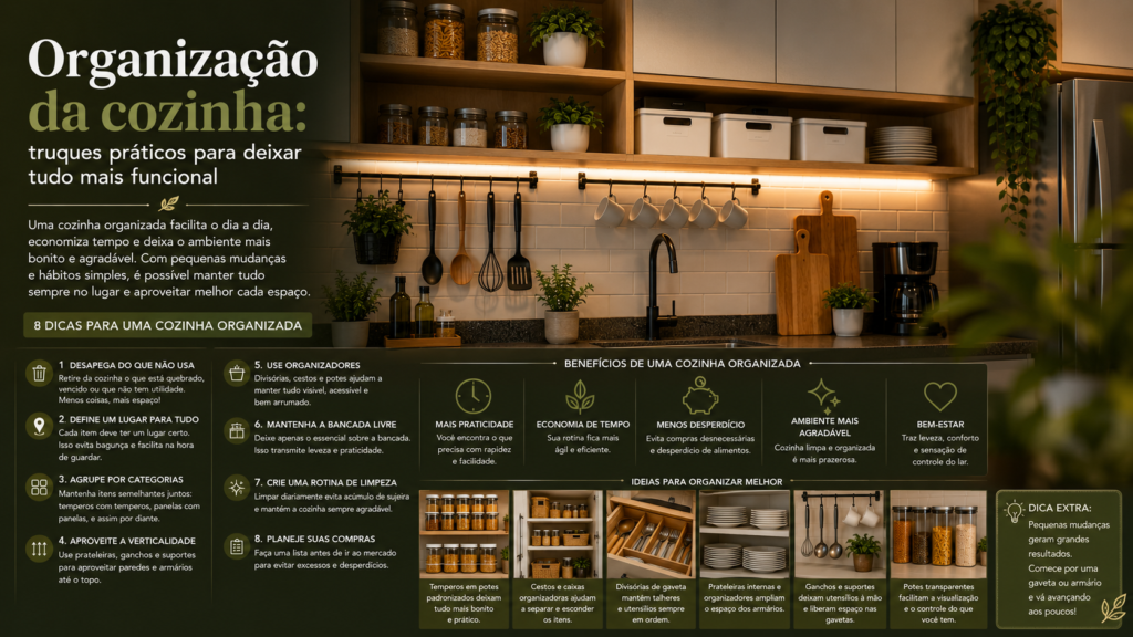 Organização da cozinha com dicas simples e modernas para otimizar espaço, melhorar a rotina e deixar o ambiente mais bonito.