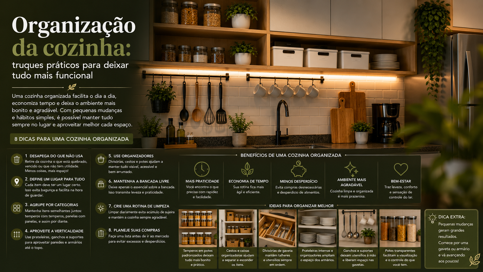 Organização da cozinha com dicas simples e modernas para otimizar espaço, melhorar a rotina e deixar o ambiente mais bonito.