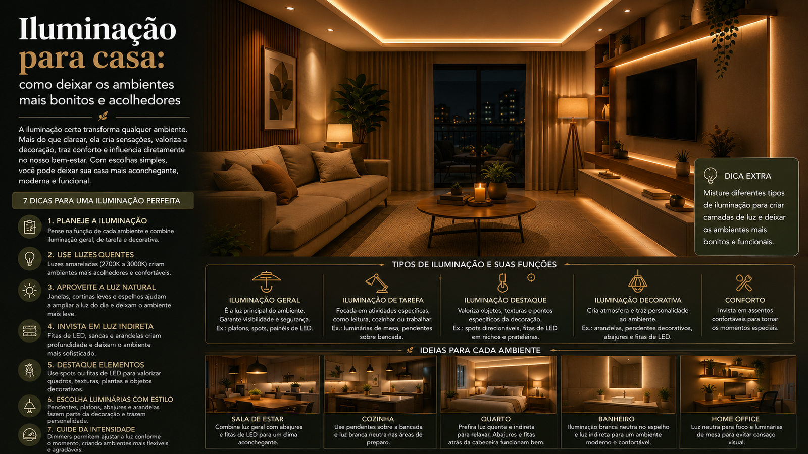 Iluminação para casa com dicas modernas e práticas para criar ambientes aconchegantes, elegantes e funcionais.