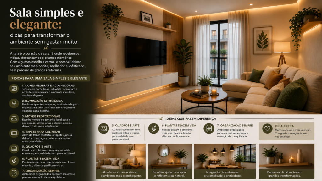 Sala simples e elegante com dicas modernas de decoração para deixar o ambiente bonito, aconchegante e sofisticado.