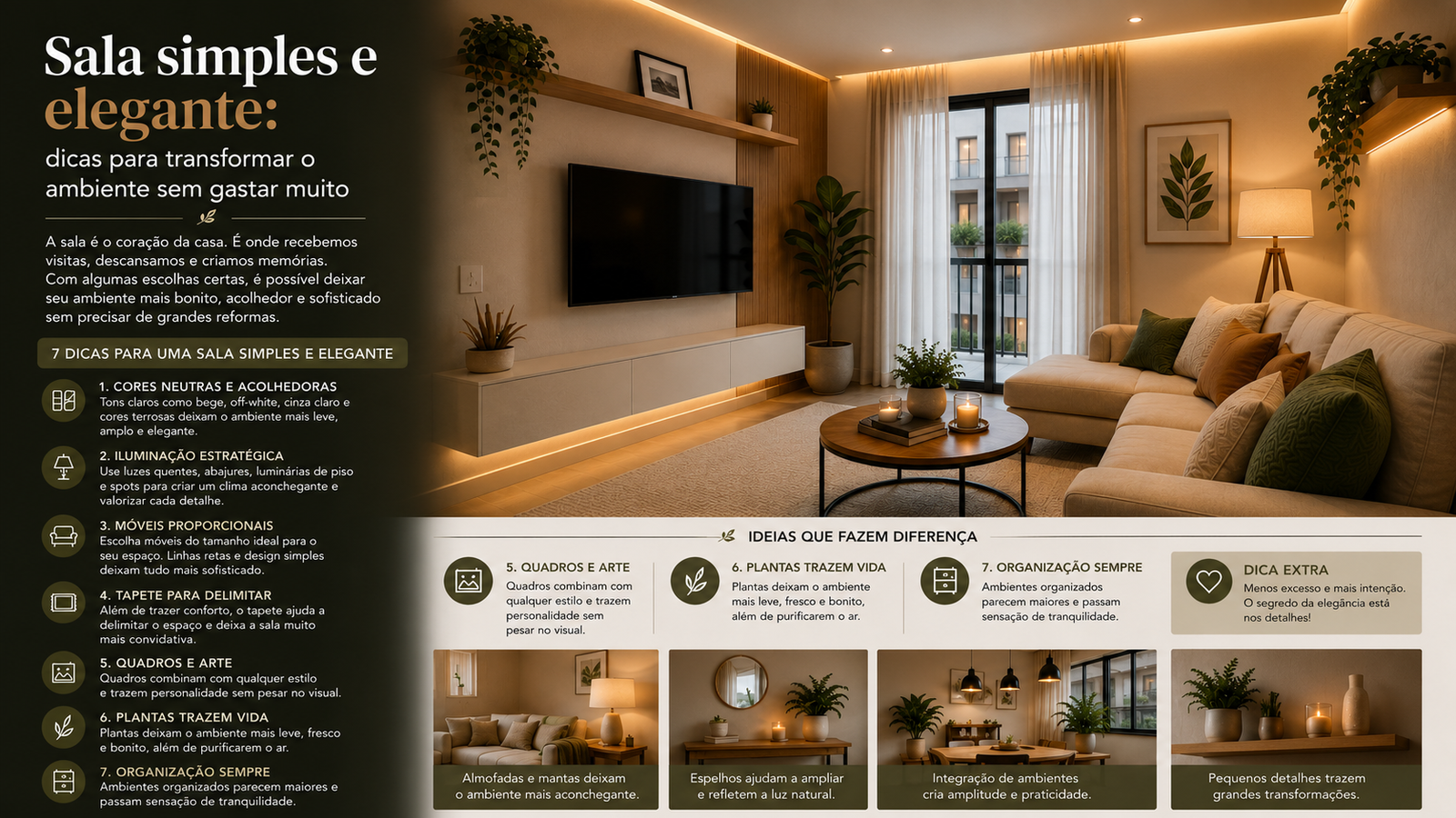 Sala simples e elegante com dicas modernas de decoração para deixar o ambiente bonito, aconchegante e sofisticado.