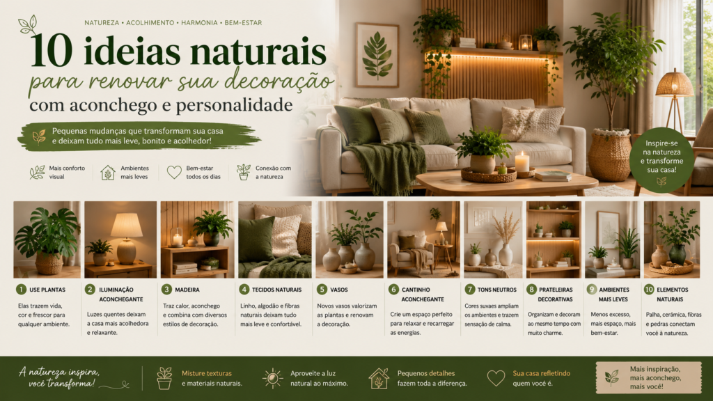 Descubra 10 ideias naturais para renovar sua decoração e deixar sua casa mais acolhedora, elegante e cheia de personalidade.